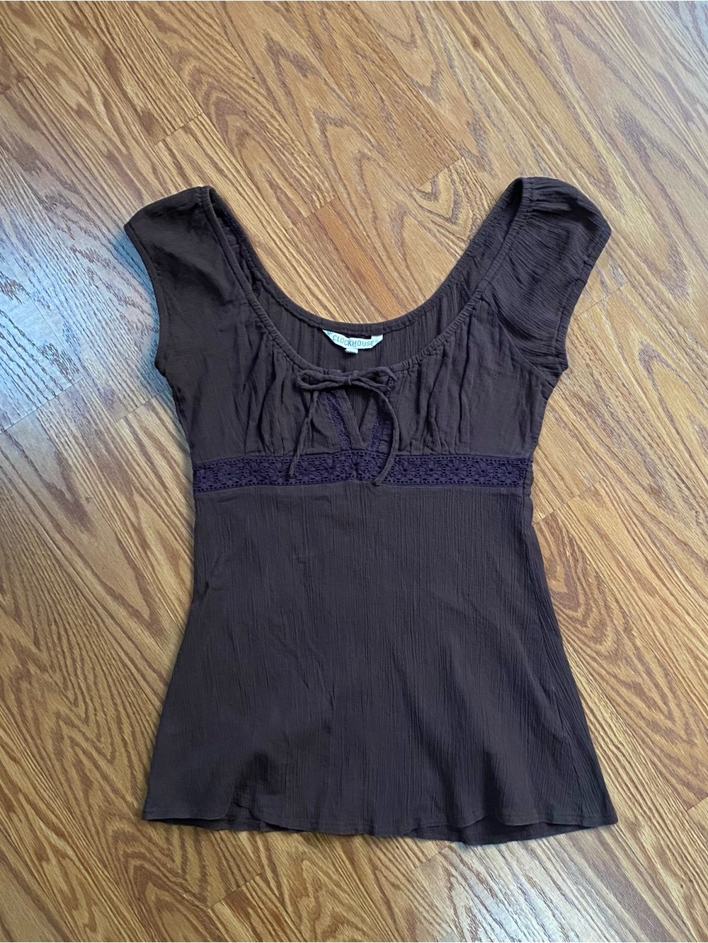 Y2K Brown Scoop-Neck Crochet-Trim Babydoll Top